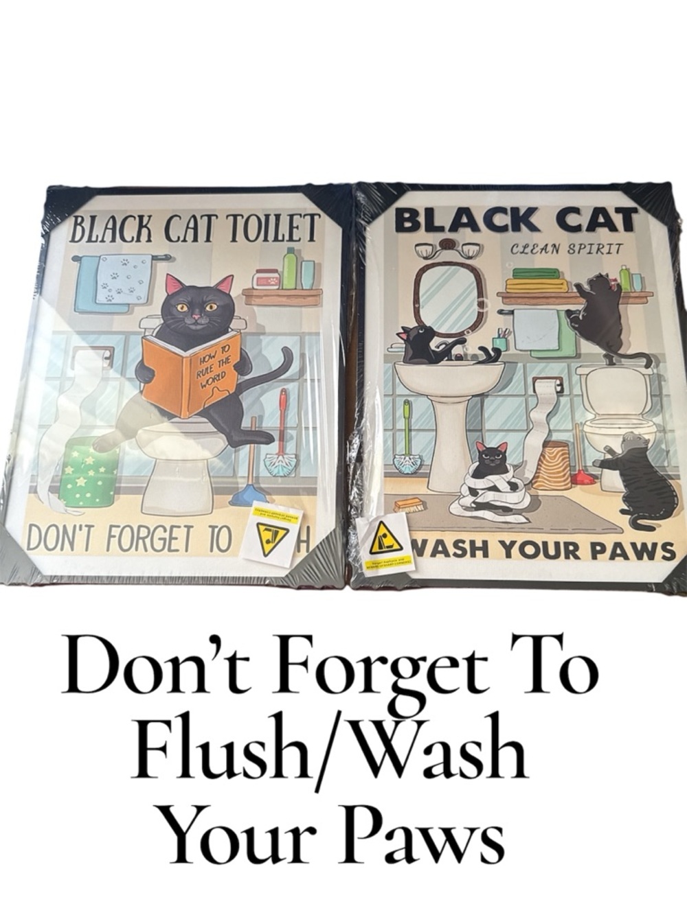Black Cat Bathroom Framed Wall Art - Set of 2 - Black & Cream 11x14
